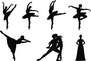 Ballet dancer silhouettes, elegant poses, pirouette, arabesque, classical dance, vector illustration, graceful movement, female performers, black figures, stage art, isolated design © Farzana