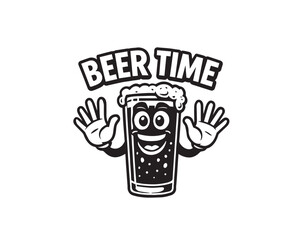 Cartoon beer glass character with text BERTIME and bubbly foam on white background Keywords: beer, drink, beverage, alcohol, pub, bar, cheers, celebration, party, fun, happy, joy, cartoon