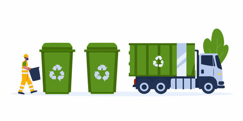 Sanitation worker collecting trash from green recycling bins next to a garbage truck