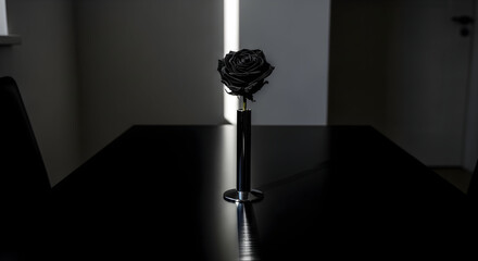 Black rose in a vase on a glossy black table with shadows and minimalist design
