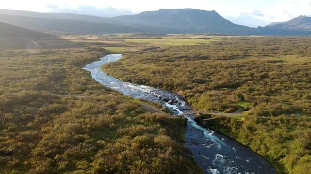 Aerial Drone View of Foot Bridge, Waterfall and River Br&uacute;arfoss
