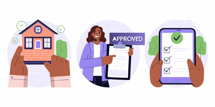 Illustration of a home purchase process with approval and checklist on a phone