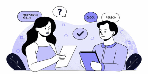 Two people discussing and reviewing documents with question marks and checkmarks symbolizing communication and agreement