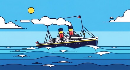 Ocean liner sailing sunny sea.