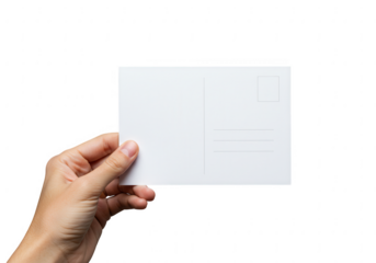 Hand holding a blank white square postcard with faint lines for writing on a transparent background isolated on transparent background