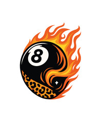 Eight ball on fire with leopard print and starburst effect Keywords: eight ball, pool ball, billiard ball, 8 ball, flames, fire, burning, hot, intense, leopard print, animal print, spots