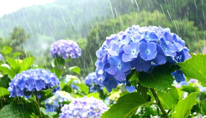 Vibrant blue hydrangeas are shown in the rain, set against a lush green mountain backdrop.