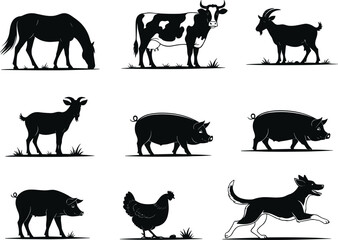 Farm animal silhouettes vector set, horse, cow, goat, pig, chicken, dog, black and white icons, livestock illustration, farming design elements
