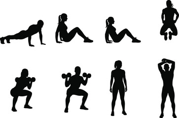 Fitness workout silhouette vector, gym exercise poses, body training illustration, strength movement icons, active lifestyle clipart, black human figures