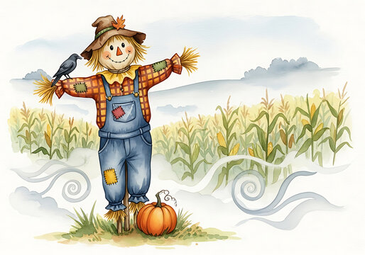 Watercolor illustration of a scarecrow with a crow and pumpkin in a cornfield - Powered by Adobe