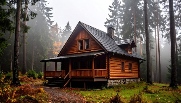 Rustic log cabin in a misty forest. Autumnal scenery - Powered by Adobe
