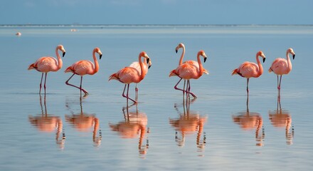 A group of flamingoes standing in shallow water with reflections on a bright sunny day in the caribbean
