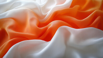 Swirling peach orange and white crushed satin fabric texture, soft folds and glossy highlights creating a luxurious, elegant, and flowing abstract background.
