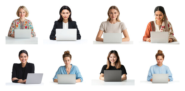 PNG Diverse women working remotely, element set on transparent background