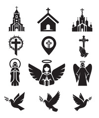 Christian Church Cross Angel Dove Prayer Religious Symbol Icons.