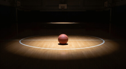 A solitary basketball rests on a polished wooden court, illuminated by a spotlight in a dimly lit gymnasium.