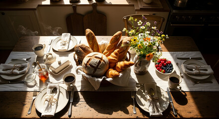 Artistic Still Life Of A Breakfast Spread On A Rustic Wooden Table