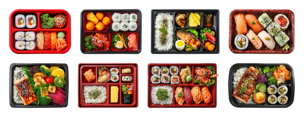 PNG Assorted Japanese bento boxes displayed, element set on transparent background