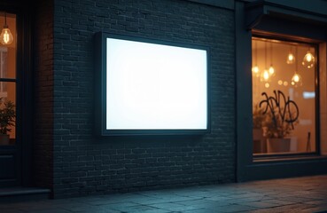 Glowing cube lightbox mockup on urban street scene for advertising branding display. Modern black building facade with brick wall, window, graffiti. Empty space for retail, shop, cafe, bar signage