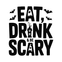 Halloween vector typography design, cartoon bubble letters with candy corn accents, smiling pumpkin faces, transparent Eat Drink Be scarry