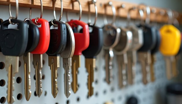Collection of house and car keys hanging on wall organiser. Variety of metal keys with colourful keychains displayed for duplication and storage. Practical access and security hardware solution.