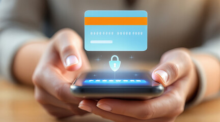 Secure Mobile Banking: Woman Using Smartphone with Credit Card and Security Lock Icon for Online Transactions and Financial Protection