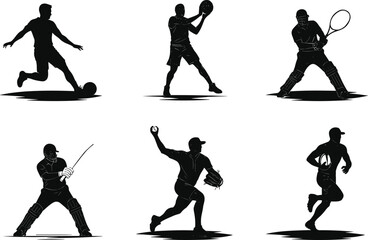 Silhouette sports icons, soccer, basketball, tennis, baseball, football, athlete action poses, vector illustration, dynamic movement, black figures, stock design
