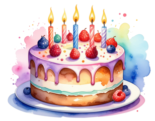 Birthday cake with candles, watercolor PNG