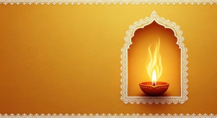 Diwali diya lamp burning in ornate frame against gold background with decorative border elements