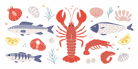 A vibrant collection of flat design seafood illustrations including fish lobster shrimp shells and lemon slices