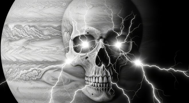 Jupiter's Stormy Skull - A grayscale depicting a skull engulfed in lightning, juxtaposed against the swirling clouds of Jupiter. - Powered by Adobe