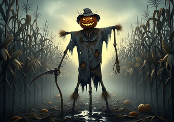 Halloween scarecrow with pumpkin head in cornfield