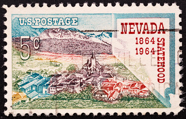 UNITED STATES OF AMERICA - CIRCA 1964.A stamp printed in USA shows Virginia City and Map of Nevada, Statehood Centenary, circa 1964