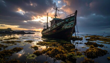 A weathered fishing vessel rests on a tranquil coastal shoreline at sunrise, showcasing the interplay of rusty metal and vibrant reflections.