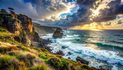 Obraz premium Dramatic coastal scene showcases rugged cliffs, crashing waves, and a vibrant sunset through stormy clouds.