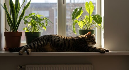 Tabby cat stretching on a windowsill between potted plants in bright sunlight indoors home setting