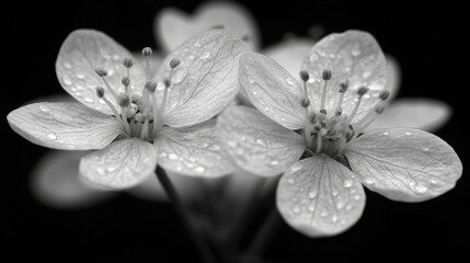 Black and White Flower Close-Up with Water Droplets on Petals