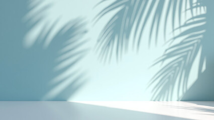 A serene scene with palm leaves casting shadows on a light blue wall.
