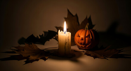 Halloween still life with candle, jack-o'-lantern, and autumn leaves