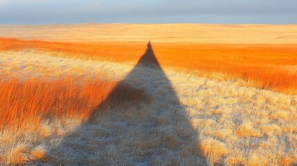 Long Shadow Cast Over Vibrant Orange Grassland at Sunrise