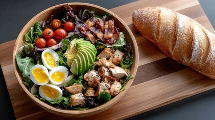 Wooden bowl features a hearty salad with chicken, bacon, eggs, and corn ciabatta drizzled in blue cheese sauce topped with veggies
