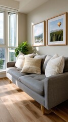 Fototapeta premium Three black picture frames hang above a beige sofa facing a window with mountain scenery and a hot air balloon, creating a cozy atmosphere