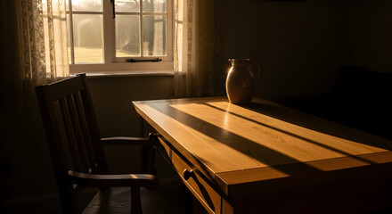 Fototapeta premium Atmospheric Sunlight Shining Across A Wooden Table Near A Window and Chair