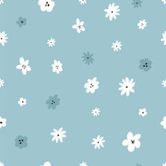 Cute Floral Seamless Pattern. Blue and White Flower Background. Simple Hand-Drawn Floral Print for Fabric and Decor