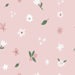 Cute Pink Floral Seamless Pattern. Baby and Nursery Decor. Hand-Drawn Botanical Print for Fabric and Stationery