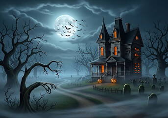 Spooky haunted house scene with full moon and bats