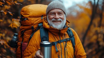Happy Senior Man Hiking in Autumn Forest with Backpack and Thermos