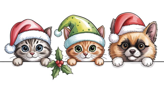 Festive Cats in Santa Hats Peeking Over Edge Cute Christmas Card Illustration