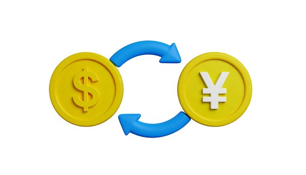 A 3D render depicts currency exchange. A dollar coin trades with a yen coin via arrows on a clean white background. Financial concept visualised