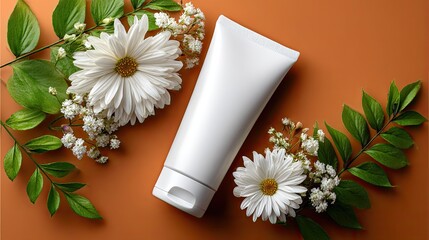 Sunscreen tube adorned with daisies sits against an orange backdrop, showcasing a fresh, clean beauty advertising vibe in a close-up view